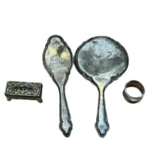 Silver hand mirror, silver hand brush, silver napk