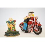 Cast iron pop eye on motor bike & Humpty Dumpty do