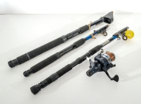 Three telescopic fishing rods together with a Shakespeare Targa fixed spool reel