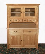 Solid oak kitchen cabinet circa 1980.Double door base the top with two glazed doors and a row of six