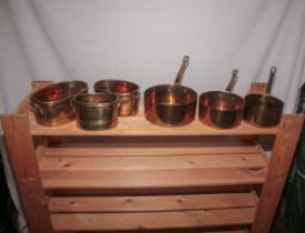 Three copper pans and other items
