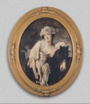 Oval gilt framed print titled Milkmaid original by Jean Baptiste Greuze, 65cm x 55cm
