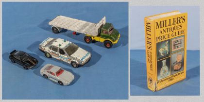 Four Corgi and Dinky diecast models and a 1992 Millers antique guide