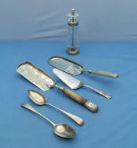 Silver plated pepper mill, servers and two spoons