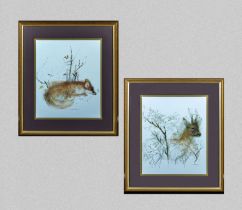 A pair of framed prints Fox and Fallow Deer by Mads Stage 37cm x 32cm