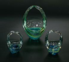 Three Mdina glass baskets signed to base 12cm/8cm/7cm