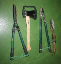 Garden shears, axe, loppers and two hand tools