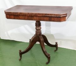 Regency mahogany turn over tea table on centre column with sabre legs 90cm wide x 45cm deep x 76cm