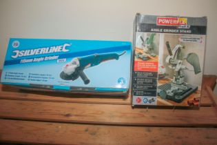 Silverline 115mm angle grinder with accessories and a Powerfix angle grinder stand