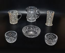 Three glass jugs, a vase and three bowls