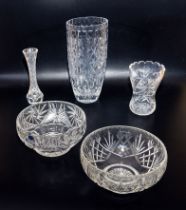 A crackle glass vase, two bowls and two other vases