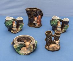 Two pieces of Sylvac pottery and three Hornsea pottery woodland figures