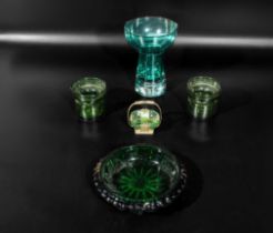 Five pieces of vintage green art glass