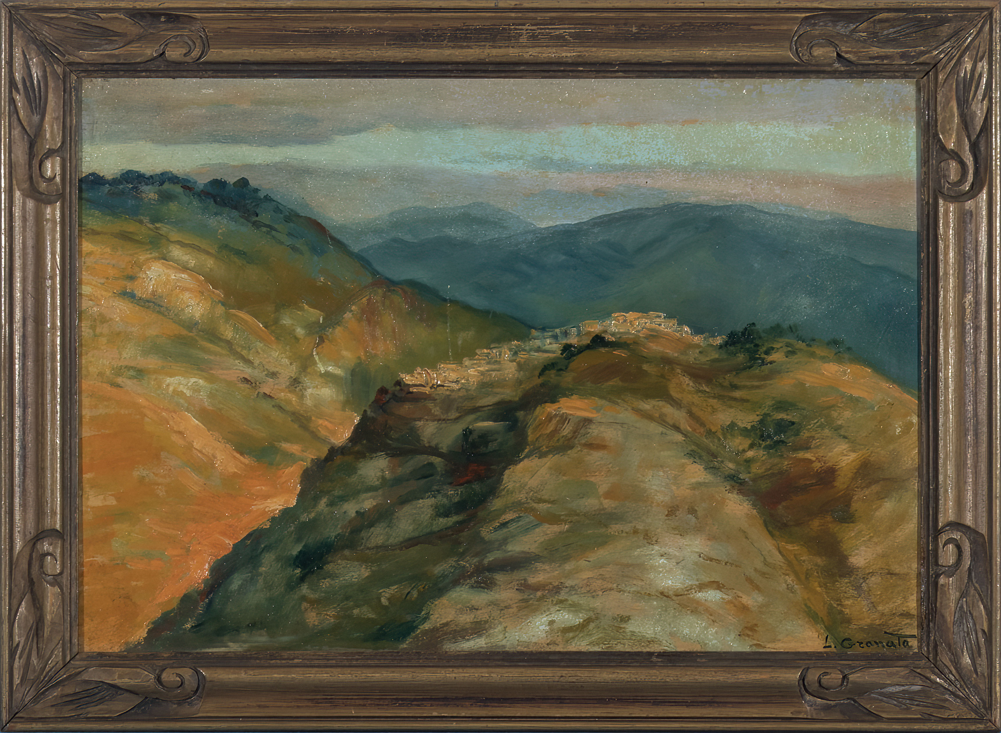 Framed oil on board of a mountain scene, 30cm x 40cm