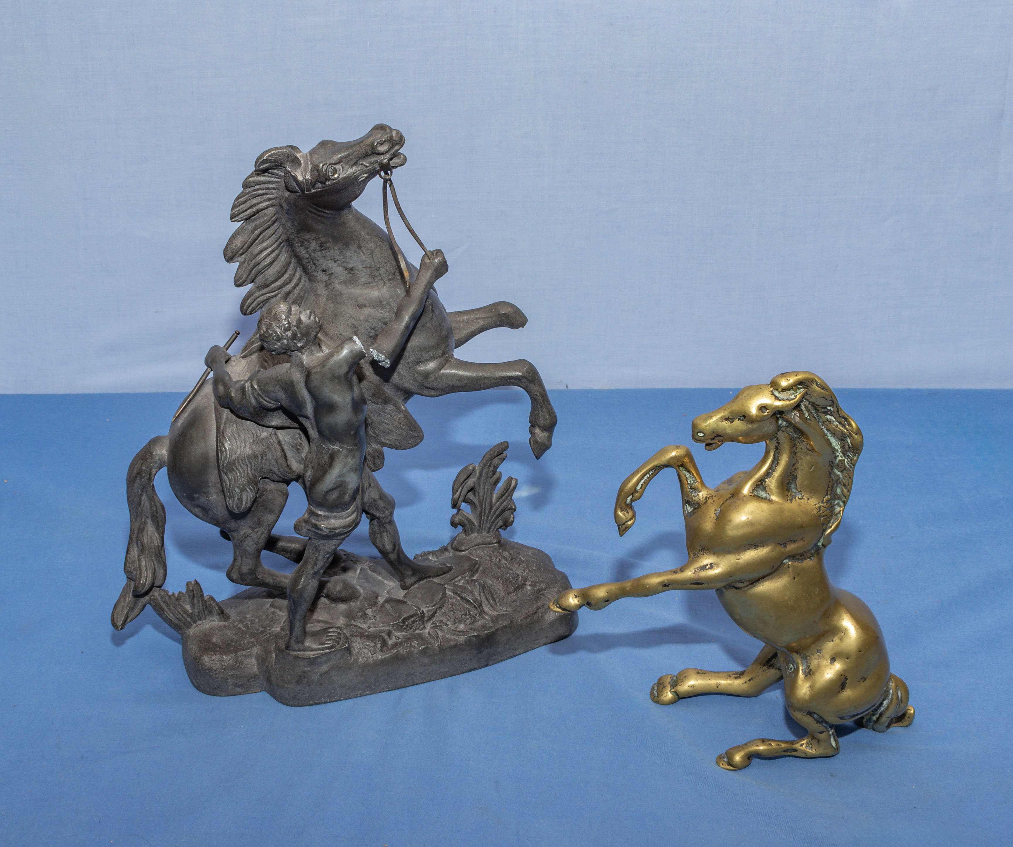 Spelter rearing horse and brass horse