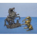 Spelter rearing horse and brass horse