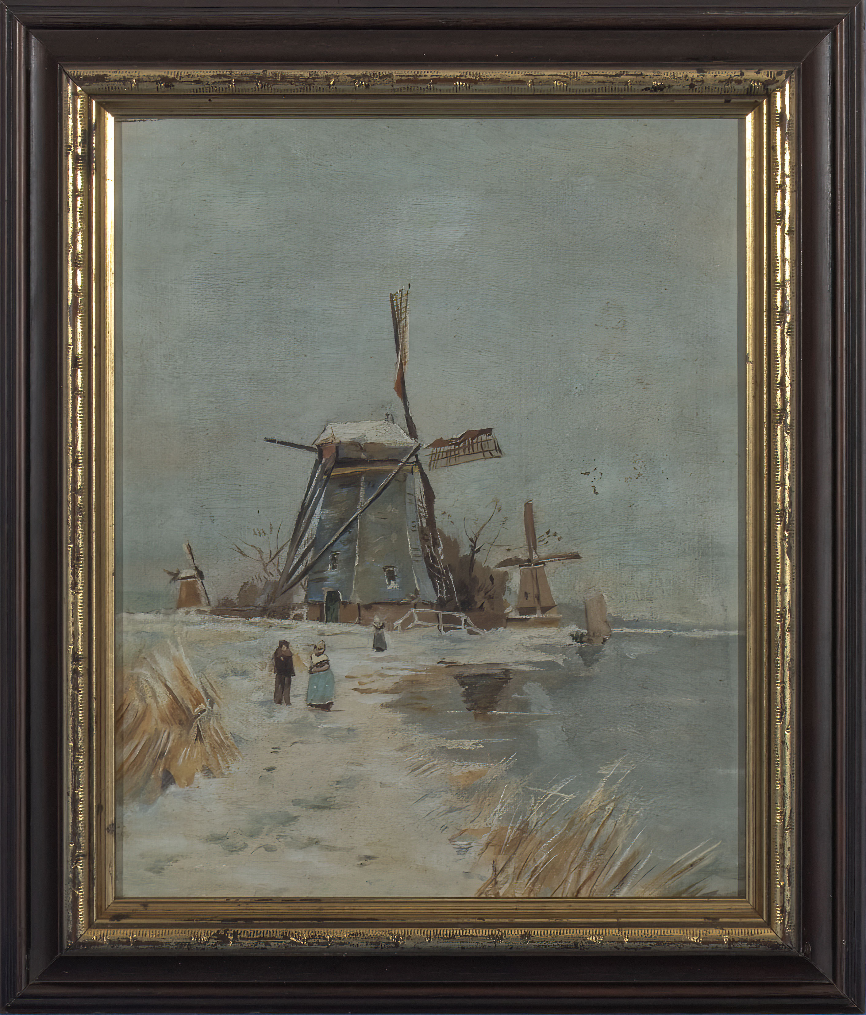 Framed oil on canvas depicting a windmill winter scene, 35cm x 30cm