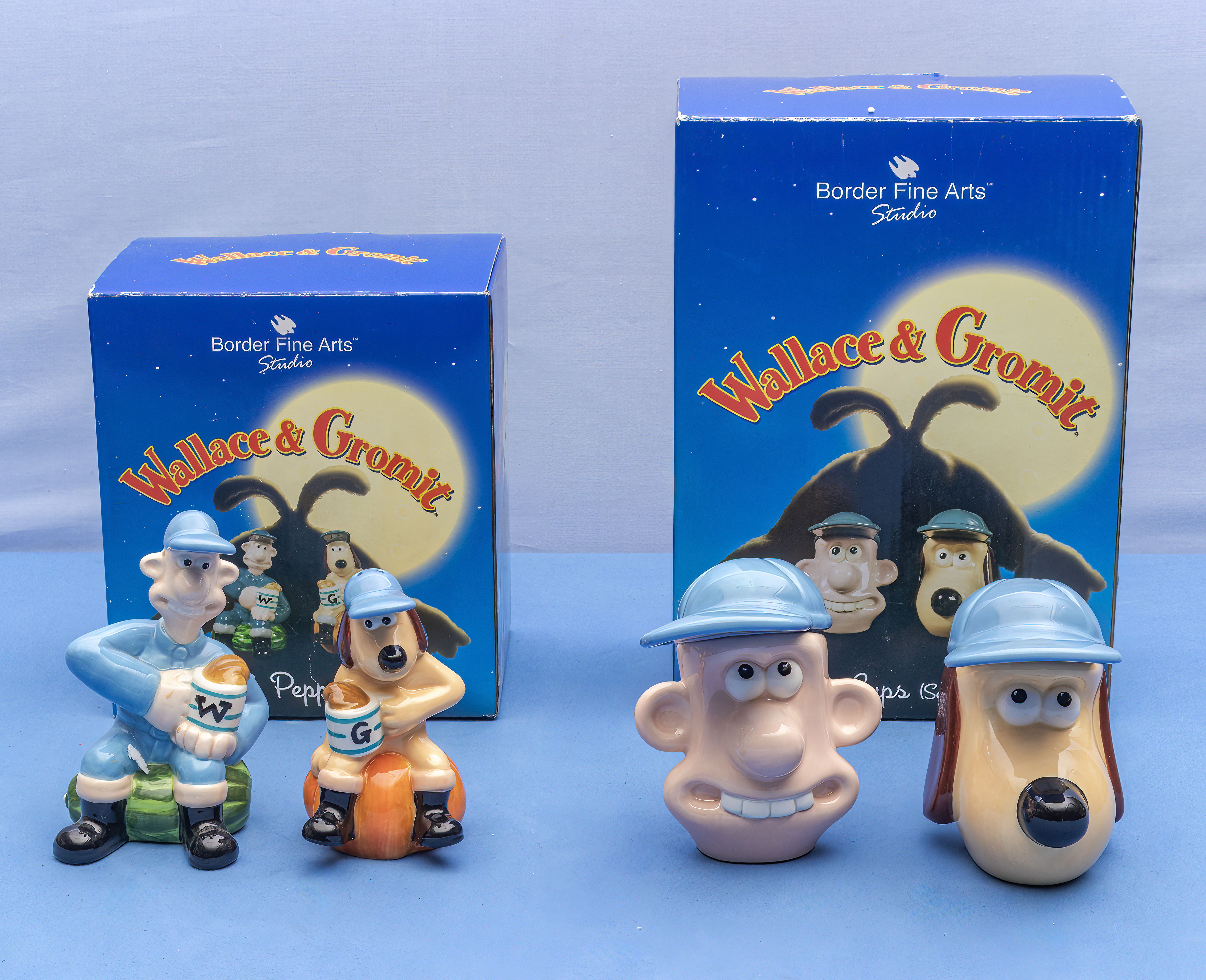 Wallace and Gromit Border Fine Arts salt and pepper and egg cups original boxes