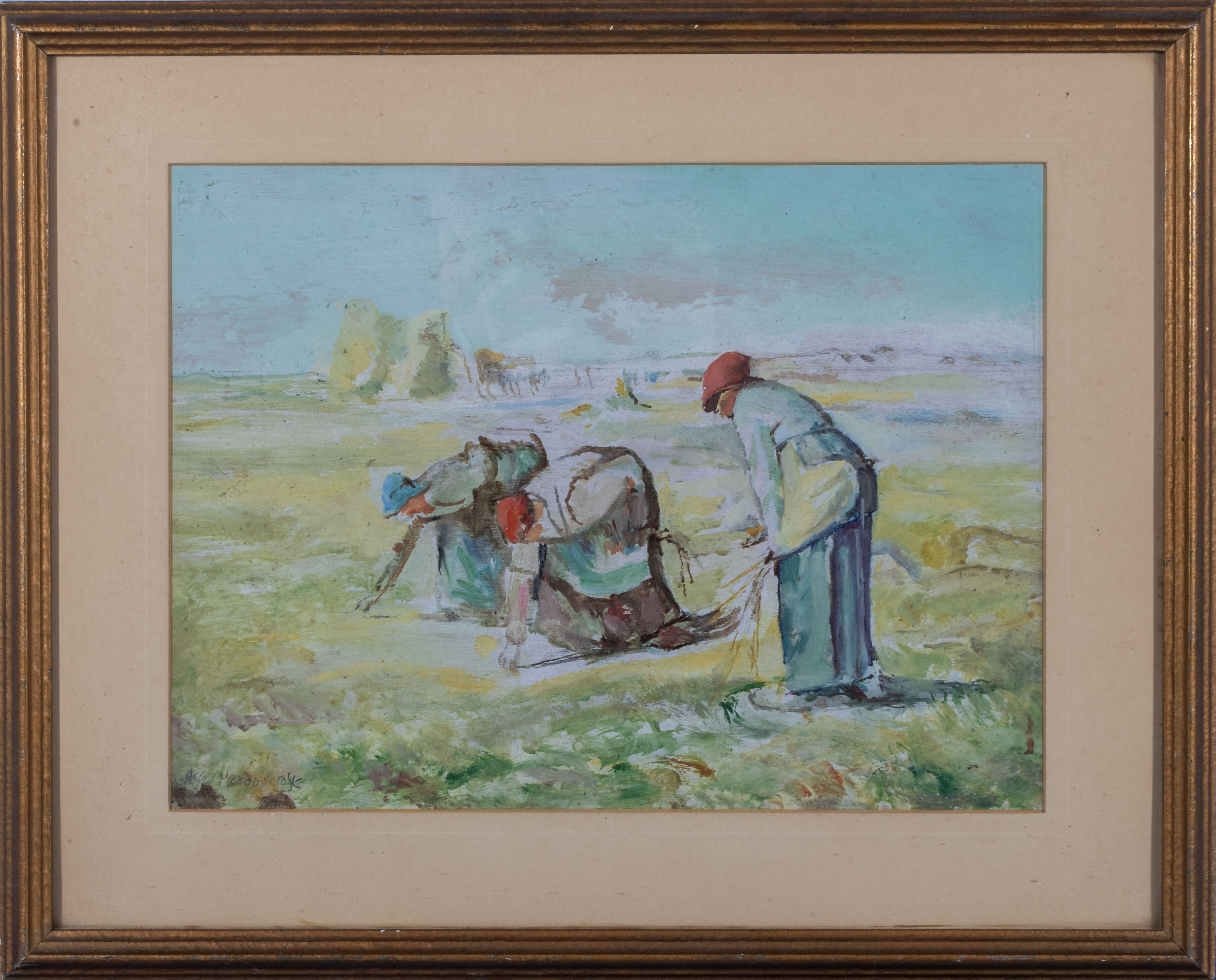 Audrey Meadowcroft framed watercolour depicting three women gathering, 36cm x 46cm