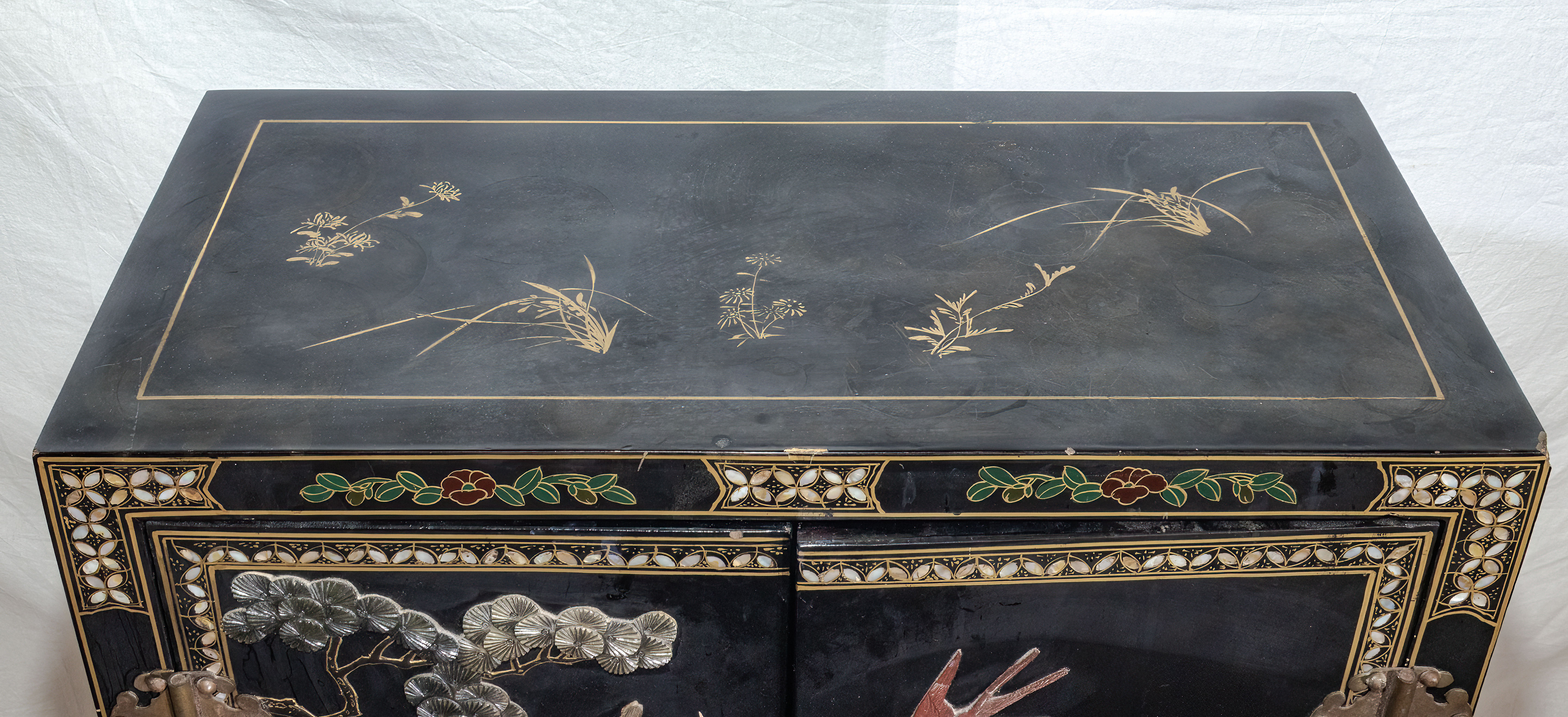Chinese black lacquer heavily decorated marriage chest with mother of pearl flowers and birds , - Image 4 of 6