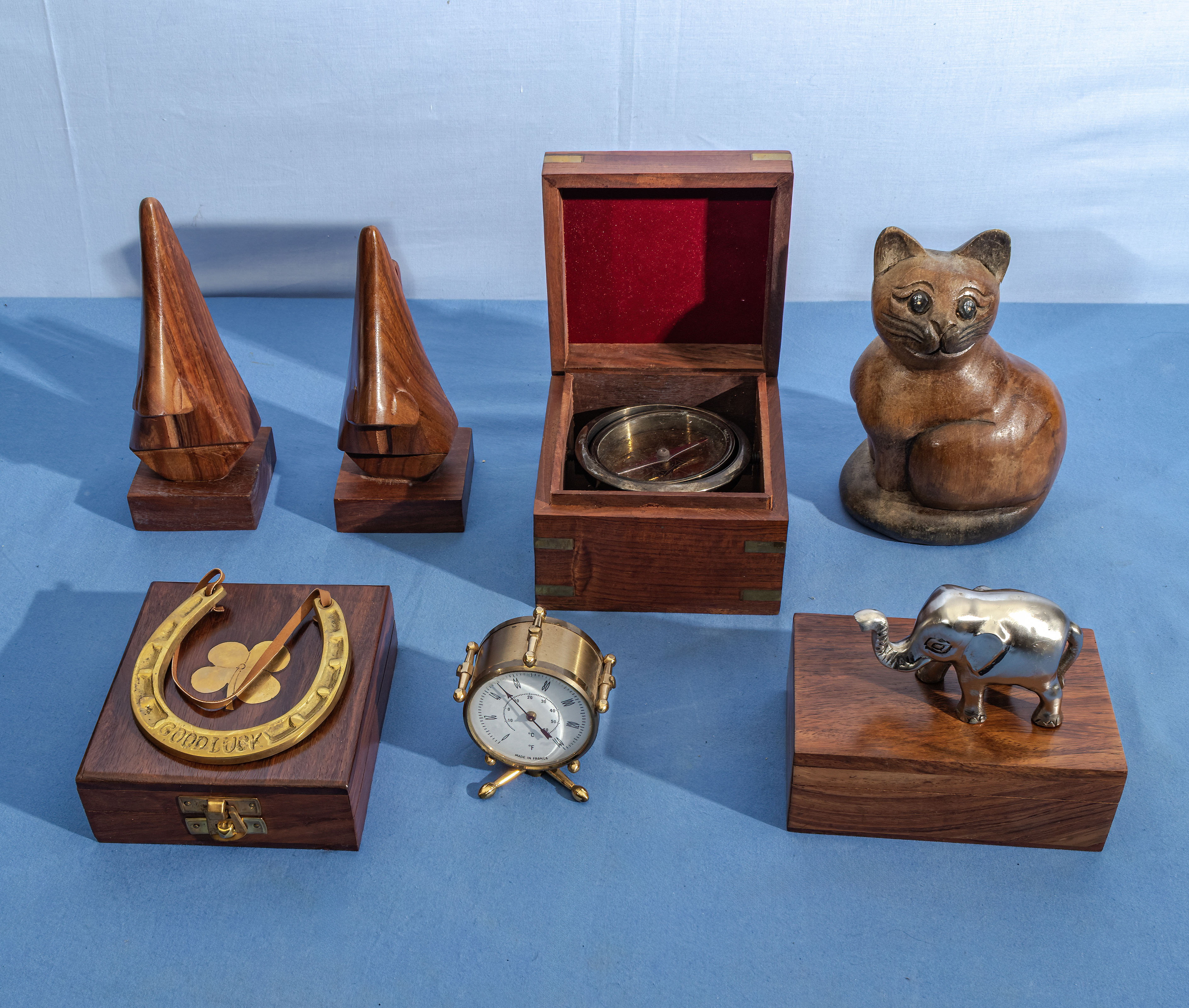 Compass in wooden box and other wood items