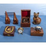 Compass in wooden box and other wood items