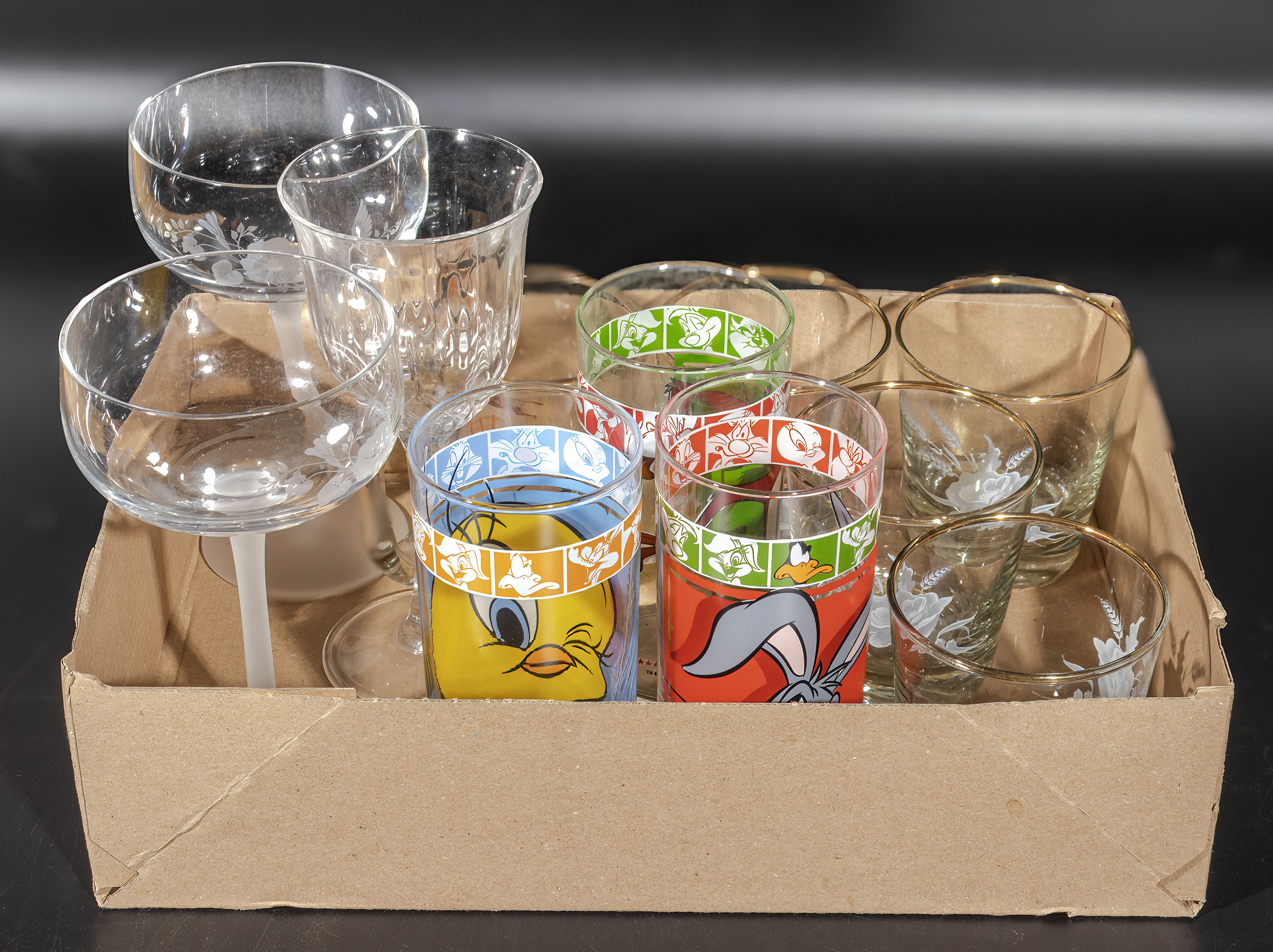 Box of vintage drinking glasses