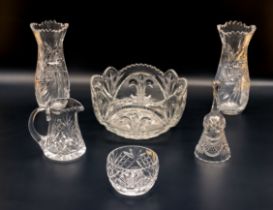 Two crystal glass vases, a bowl, bell and sugar and cream