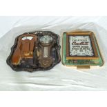 Lacquer tray, vintage clothes brush set, small barometer and two others