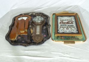 Lacquer tray, vintage clothes brush set, small barometer and two others