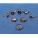 Eight 9ct gold rings set with various stones, 15gms
