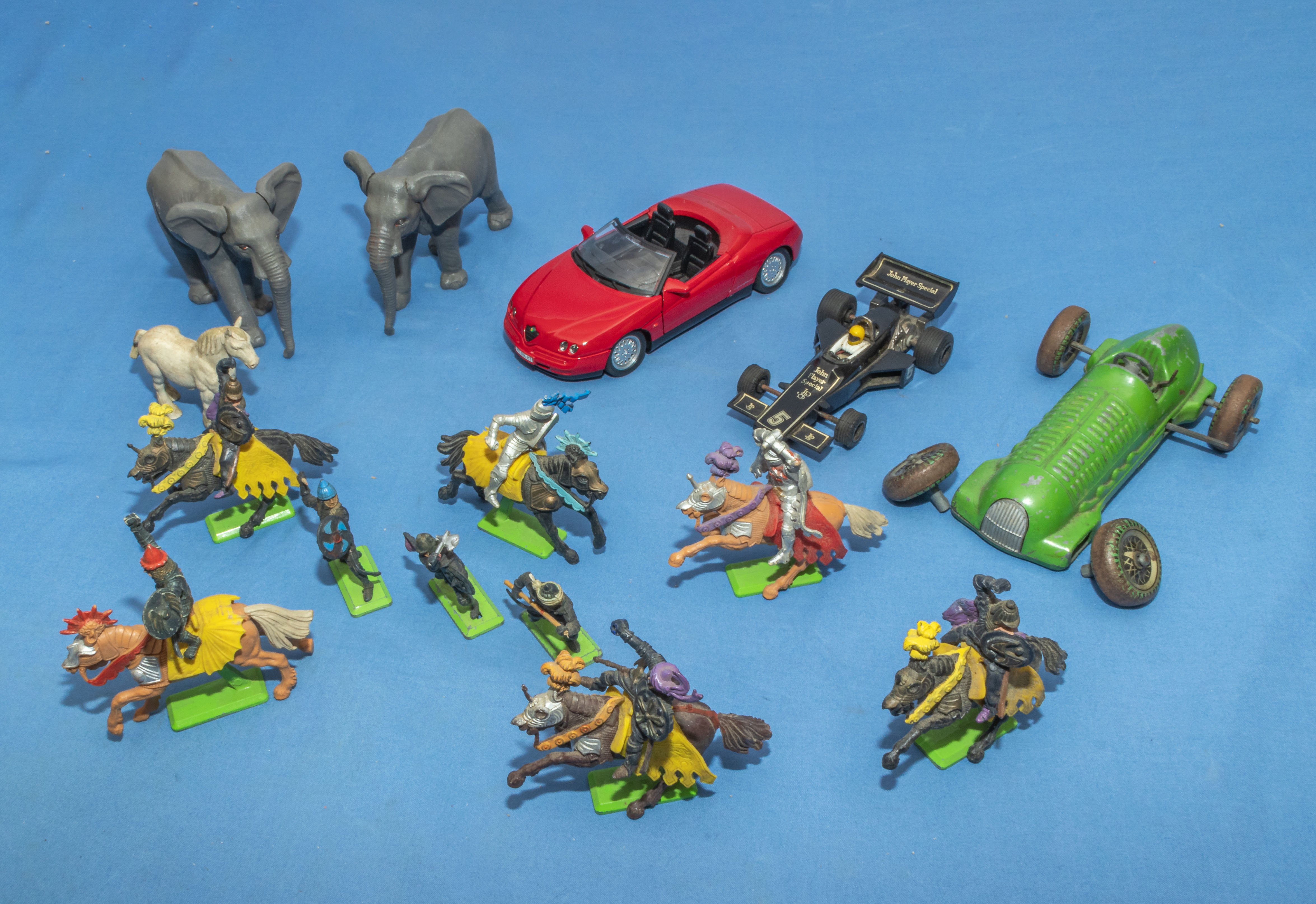 Two Britain's elephants, Saracen and Crusader knights and horses, 1940's Mettoy Racing car and two