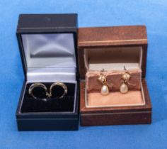 Pair of 9ct gold hoop earrings and a pair of 9ct gold pearl droppers