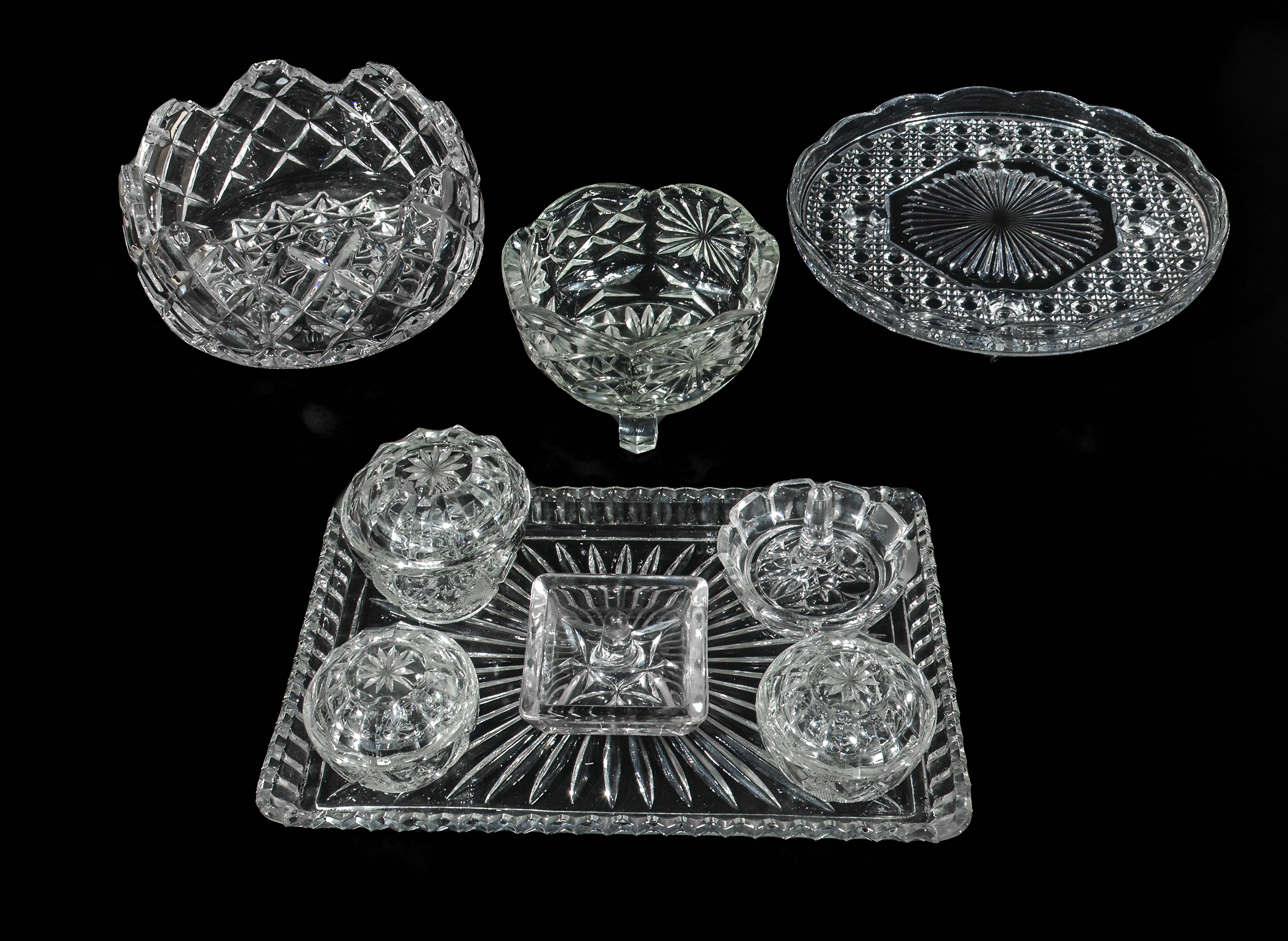 Glass trinket set and three bowls