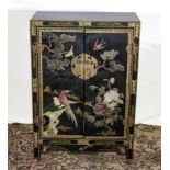 Chinese black lacquer heavily decorated marriage chest with mother of pearl flowers and birds ,