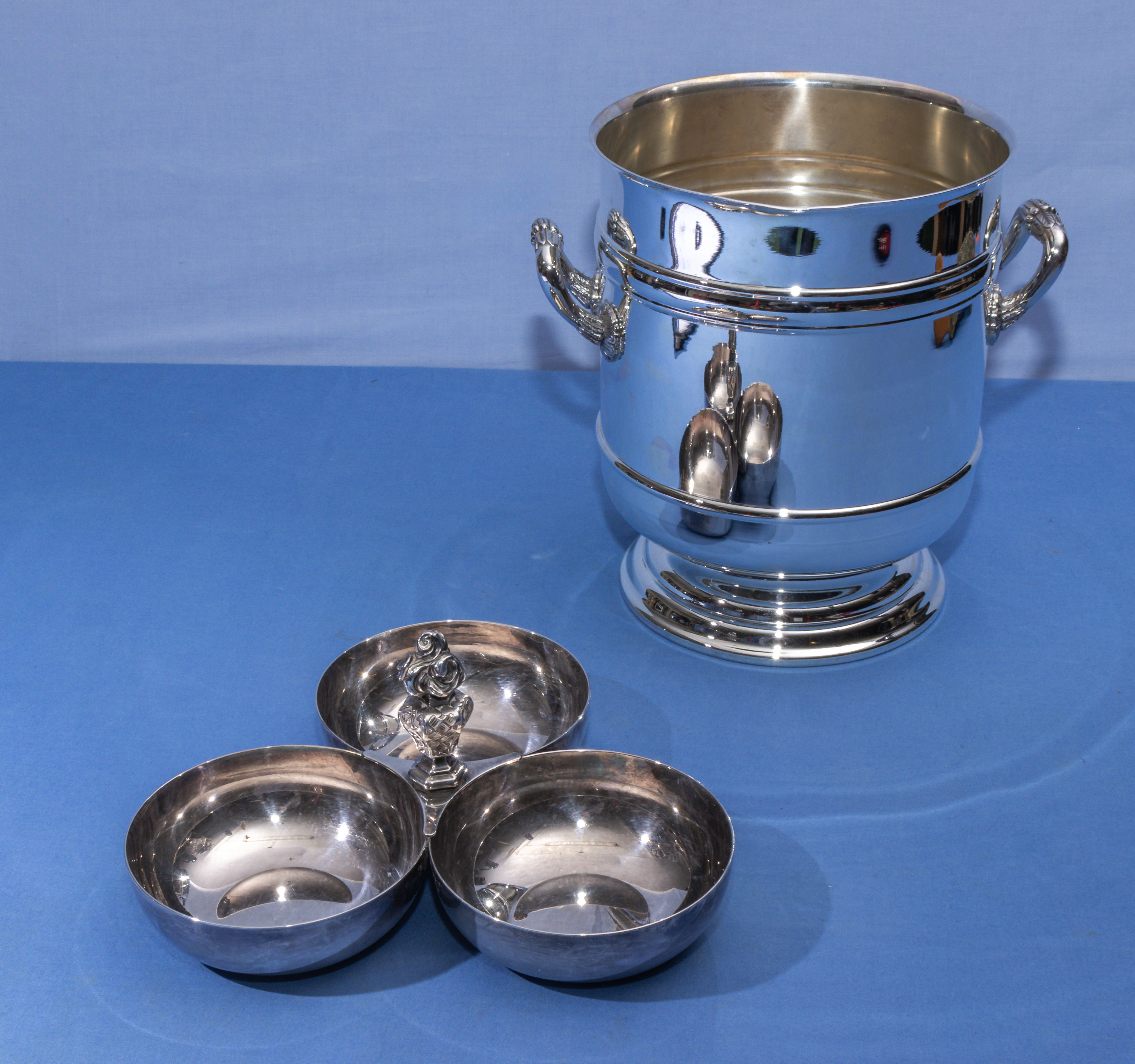 Christofle wine/champagne cooler together with a Christofle hors d’oeuvres dish