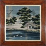 Framed Japanese painting on silk depicting a river and cottage scene, image size 51cm x 51cm
