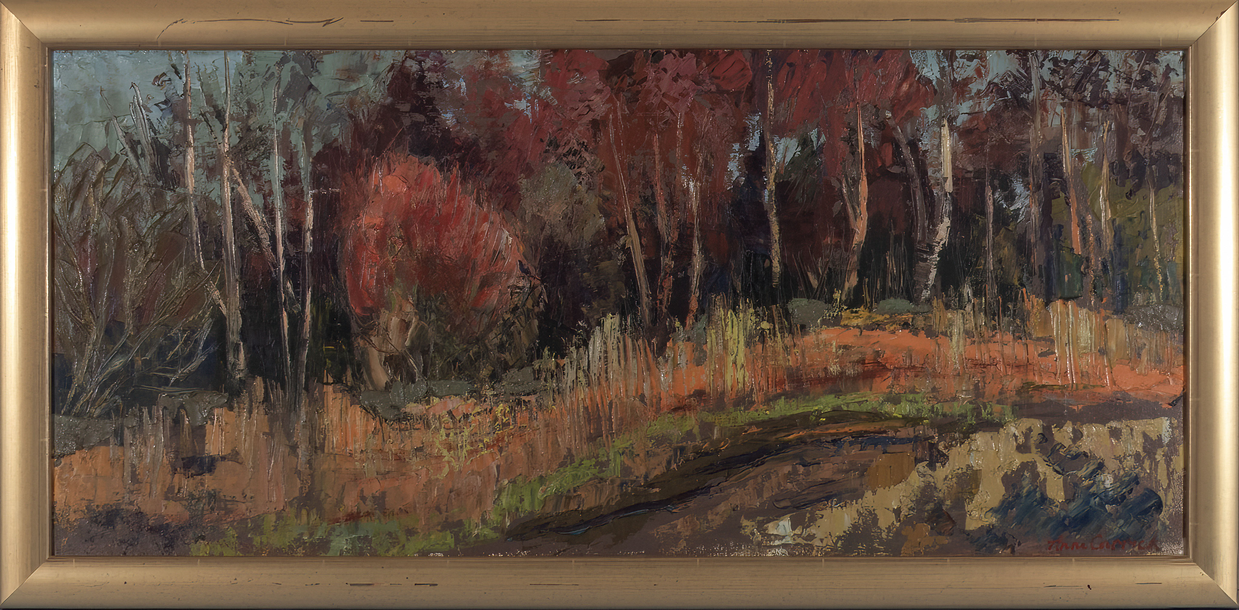 Ann Carrick (1919-2015) framed oil on board ‘Birchwood in Autumn’ 43cm x 87cm