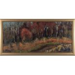 Ann Carrick (1919-2015) framed oil on board ‘Birchwood in Autumn’ 43cm x 87cm