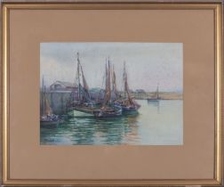 Gertrude Emily Bayly 1875-1951 framed watercolour depicting a harbour scene, image size 27cm x 37cm