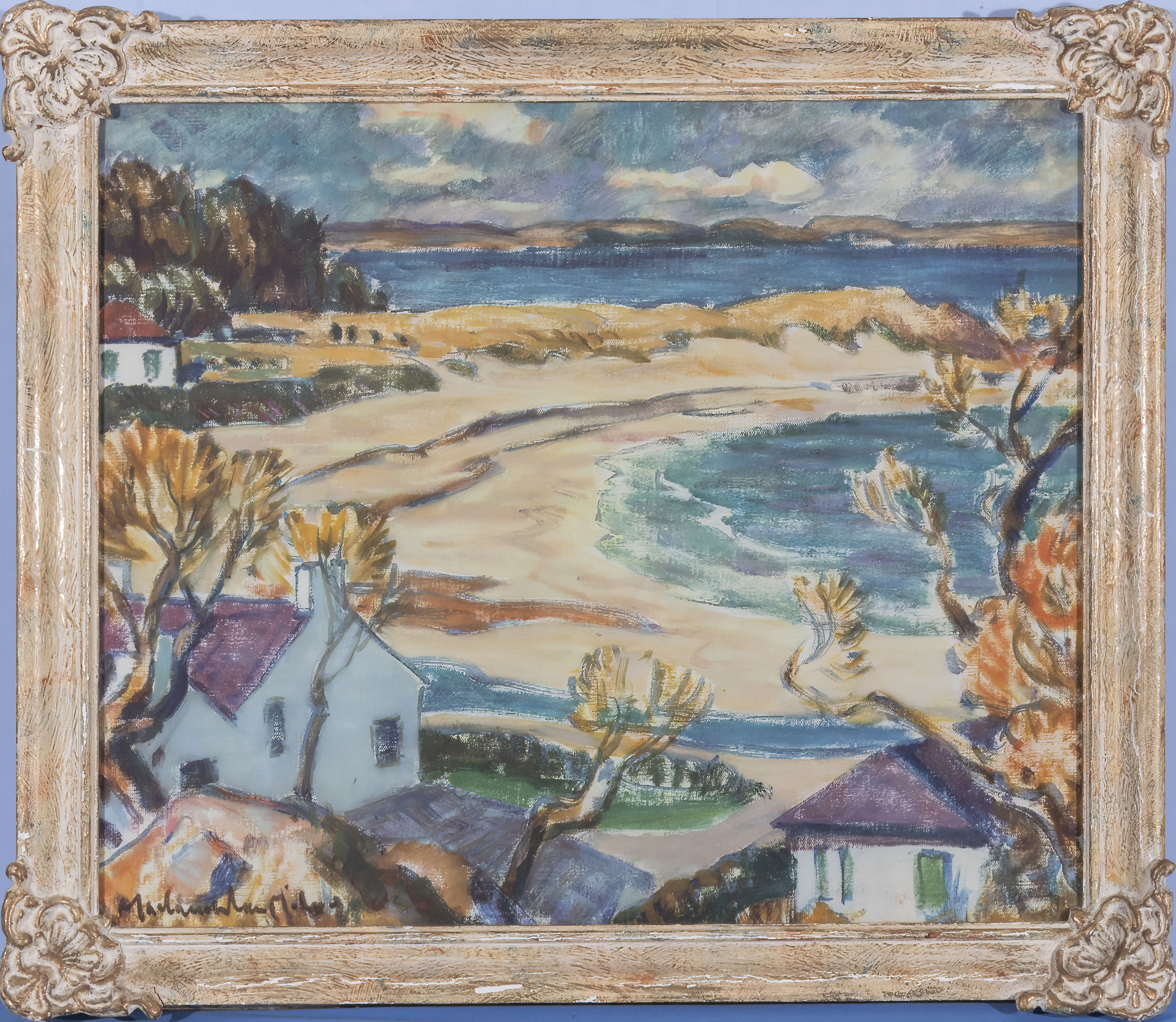 A framed print depicting a lake scene 55cm x 63cm