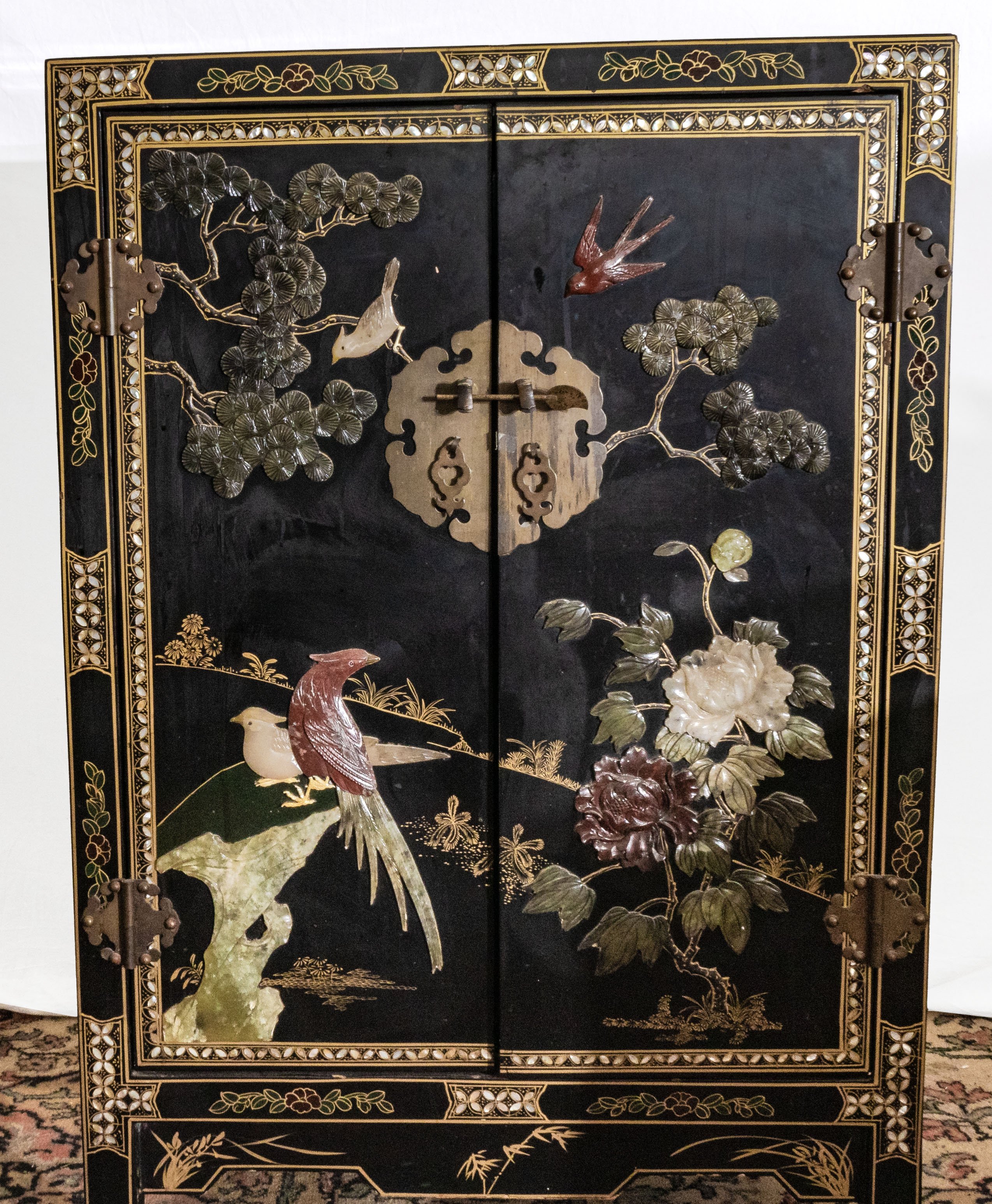 Chinese black lacquer heavily decorated marriage chest with mother of pearl flowers and birds , - Image 3 of 6