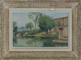 A small oil on canvas depicting a river scene 23cm x 30cm