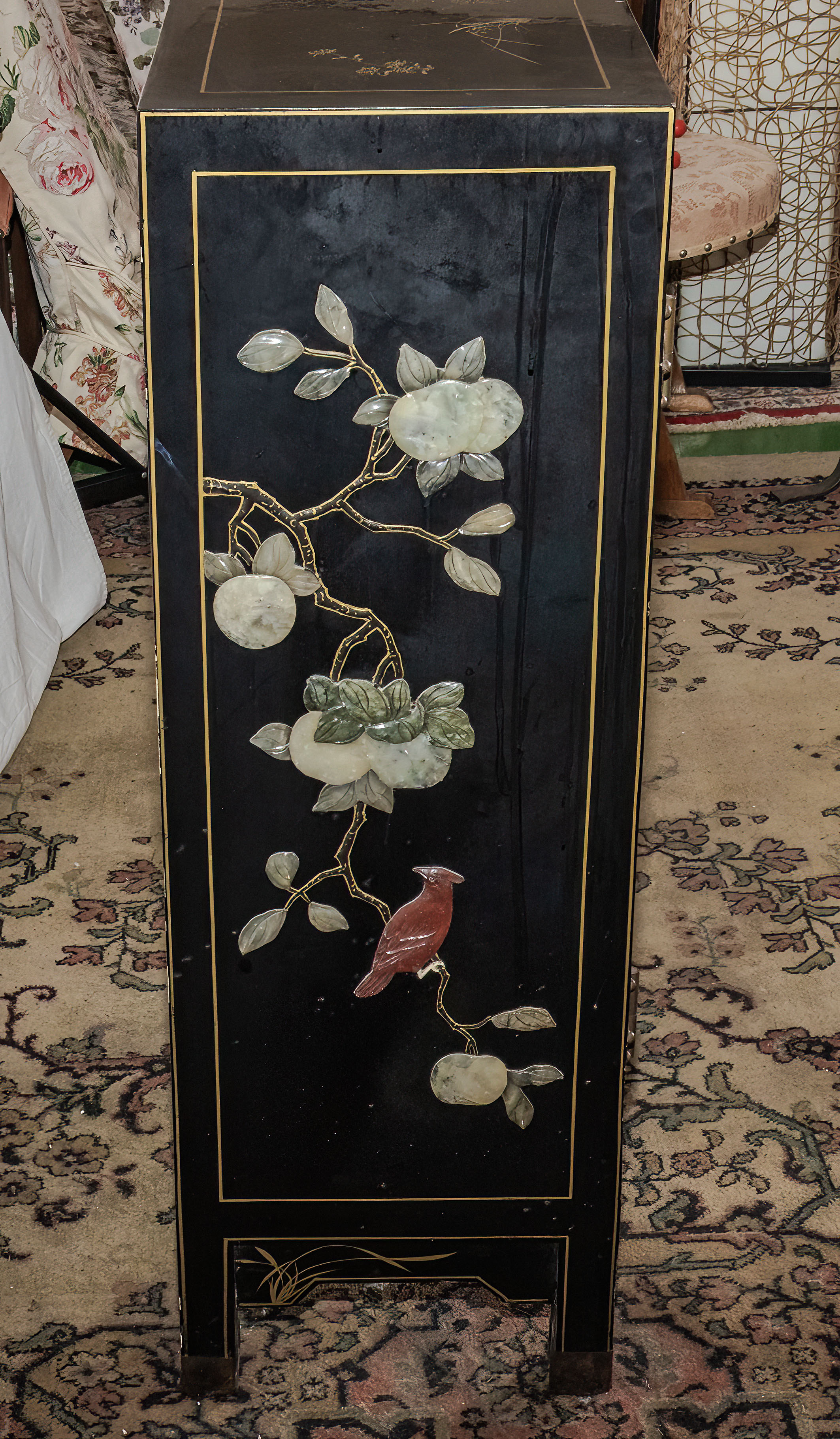 Chinese black lacquer heavily decorated marriage chest with mother of pearl flowers and birds , - Image 5 of 6