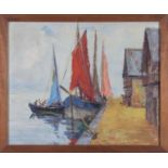 Framed oil on canvas depicting a harbour scene 44cm x 54cm, unsigned