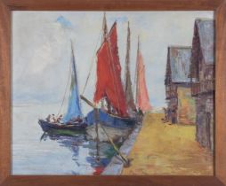 Framed oil on canvas depicting a harbour scene 44cm x 54cm, unsigned
