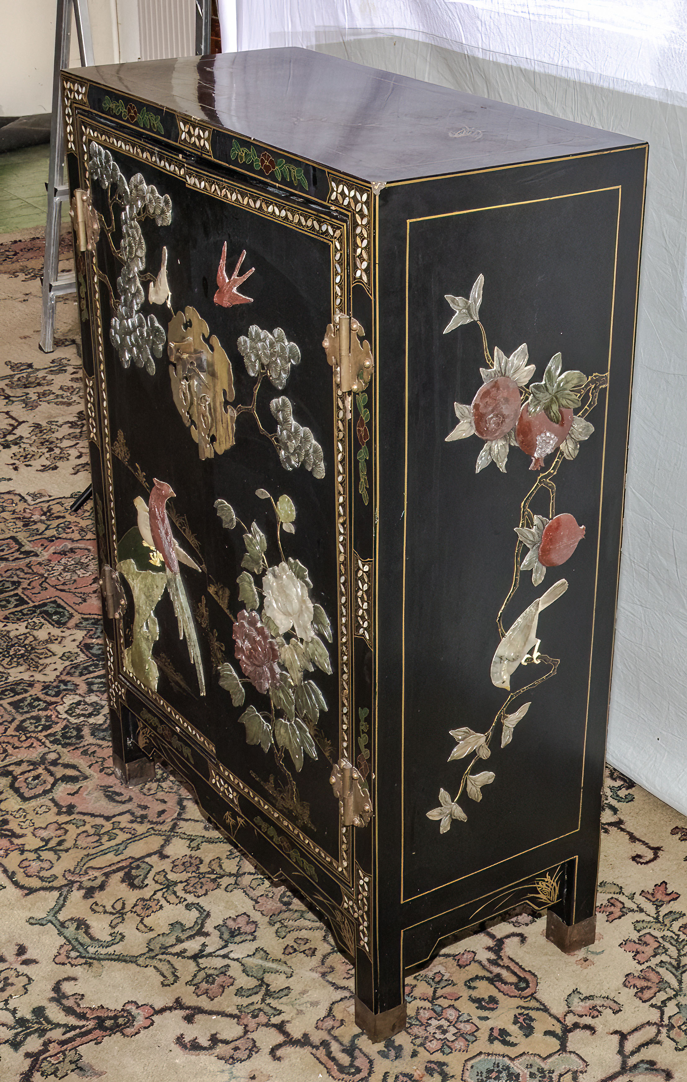 Chinese black lacquer heavily decorated marriage chest with mother of pearl flowers and birds , - Image 2 of 6