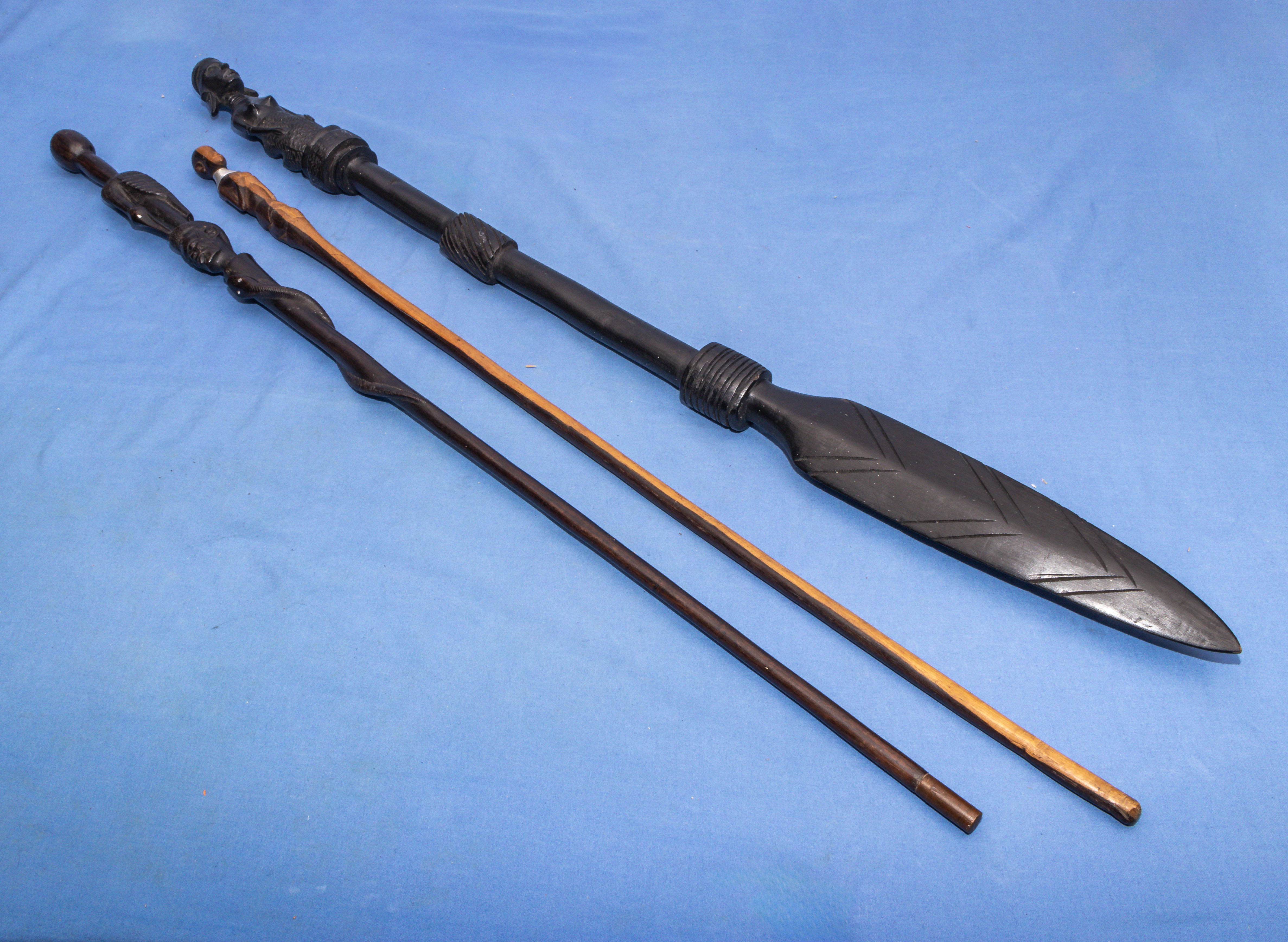 Vintage African hand carved spear and walking two sticks