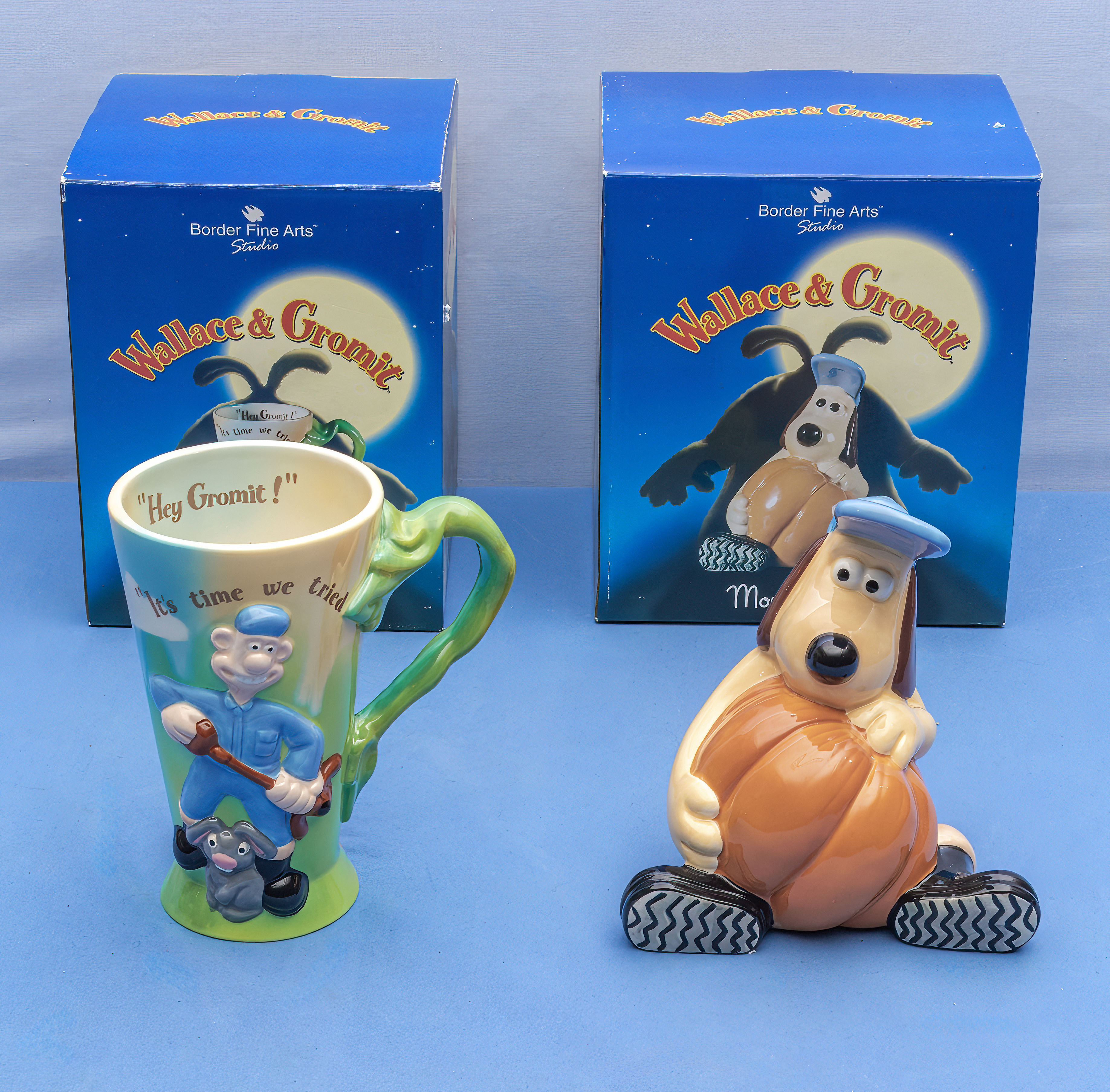Wallace and Gromit Border Fine Arts latte mug and money box, original boxes