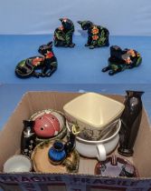 Four pottery cats and a box of assorted ceramics